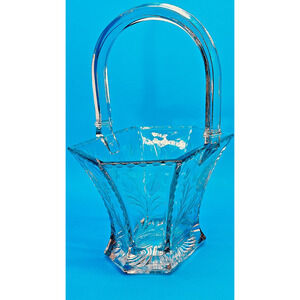 Vintage Pressed Glass Basket w Handle Etched Floral Design Heavy 11"